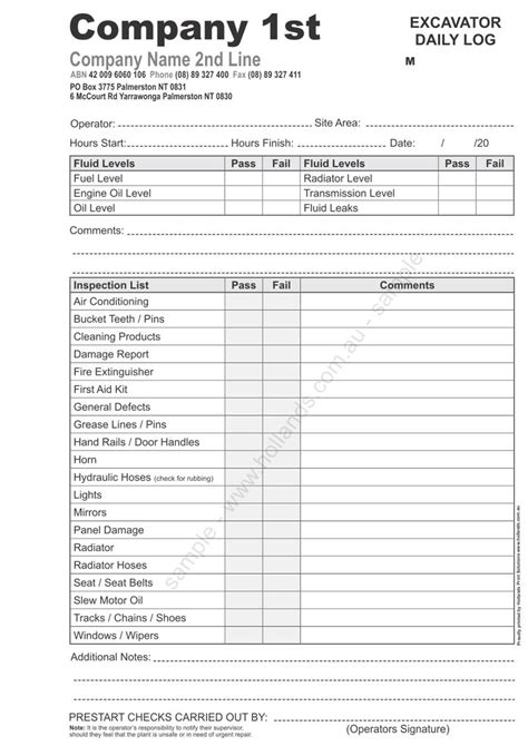 mini excavator log book|equipment daily log book.